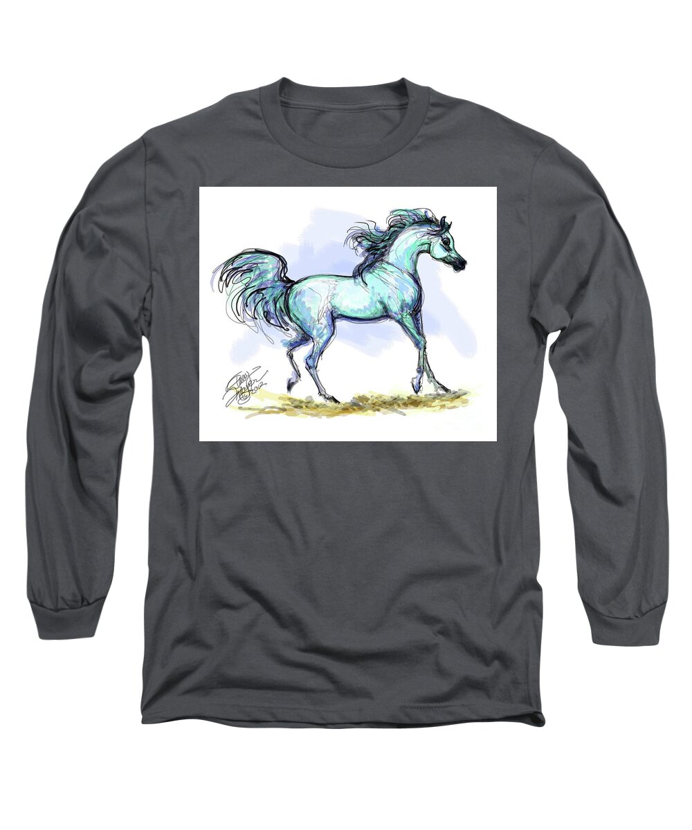 Equestrian Art Long Sleeve T-Shirt featuring the digital art Grey Arabian Stallion Watercolor by Stacey Mayer by Stacey Mayer