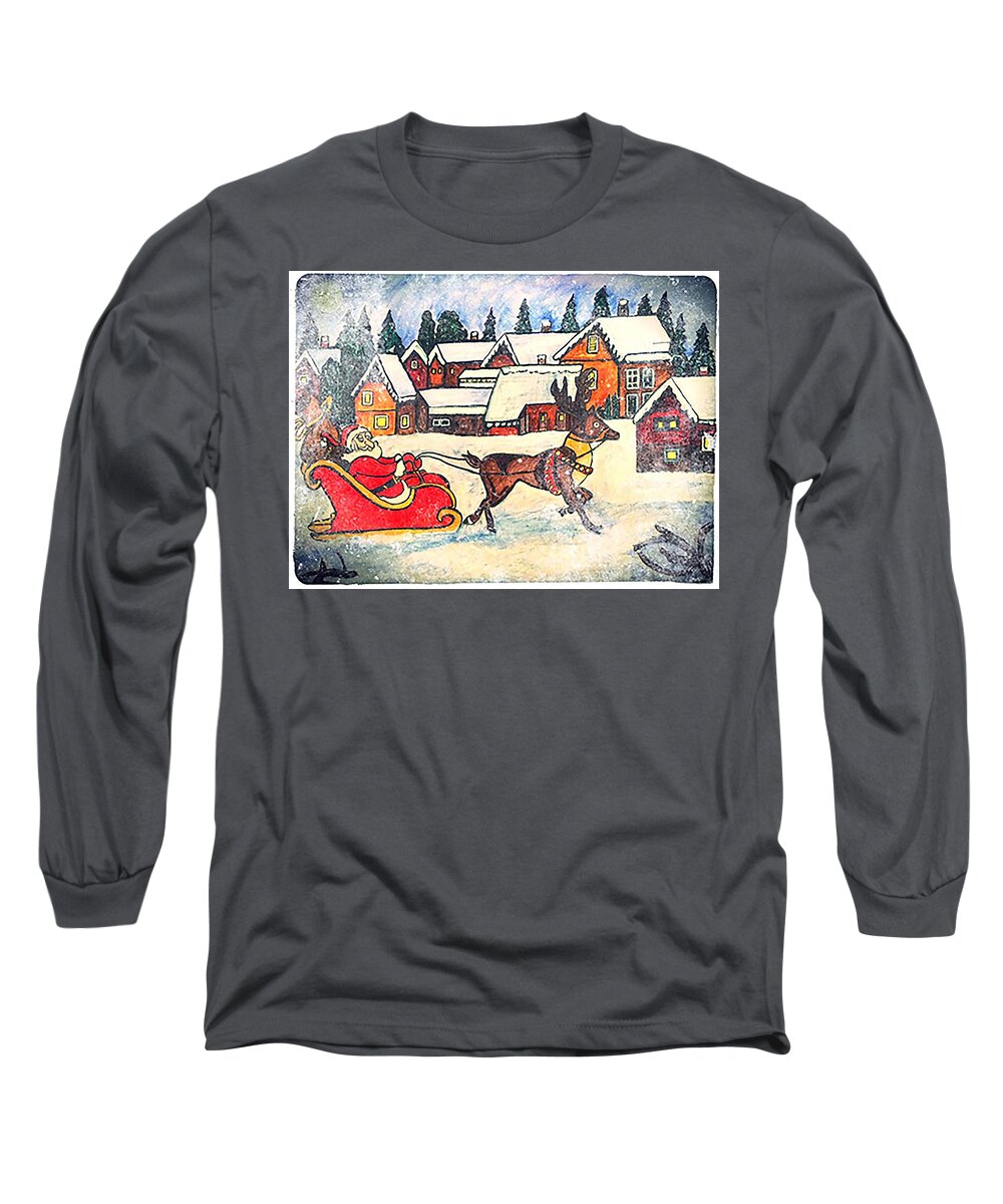 Holiday Long Sleeve T-Shirt featuring the drawing Happy Holidays by Monica Engeler