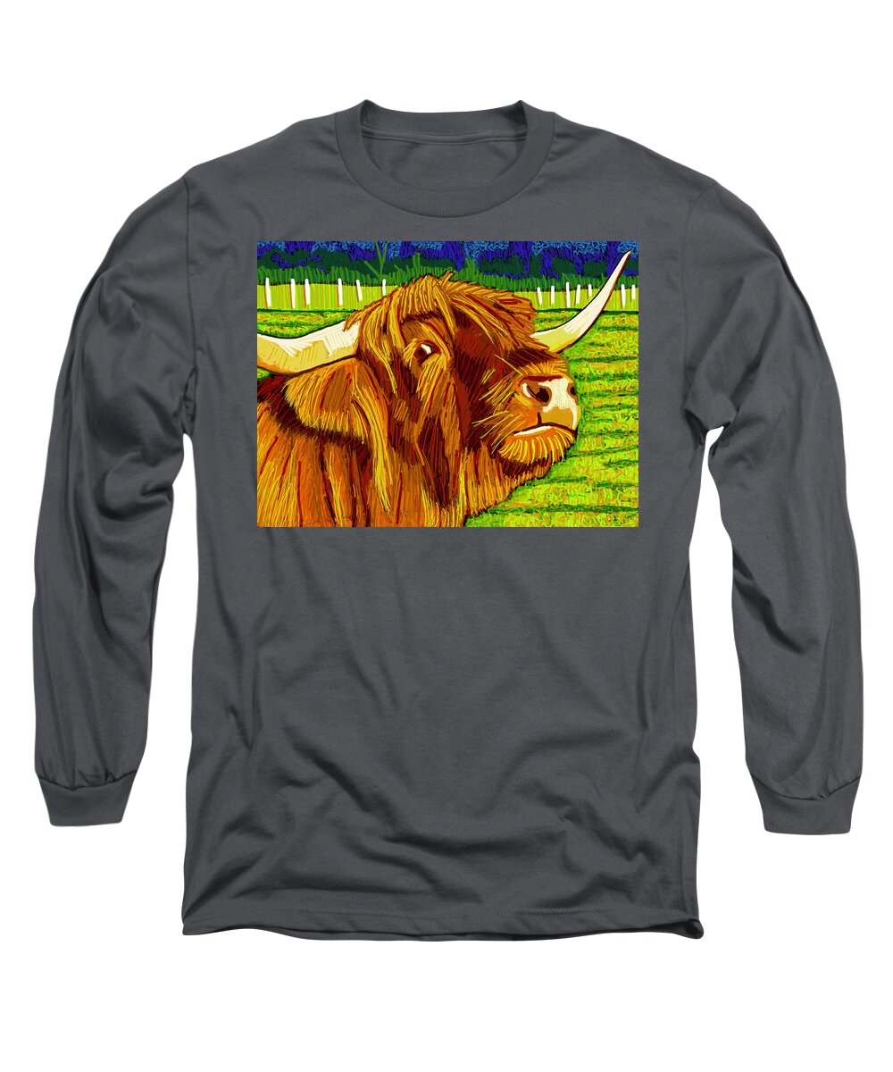 Highland Cow Long Sleeve T-Shirt featuring the painting Hairy Coo Kiss by Rod Whyte