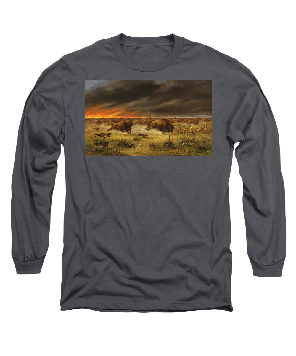 Meyer Straus Long Sleeve T-Shirt featuring the painting Herd of Buffalo Fleeing from Prairie Fire, 1888 by Meyer Straus