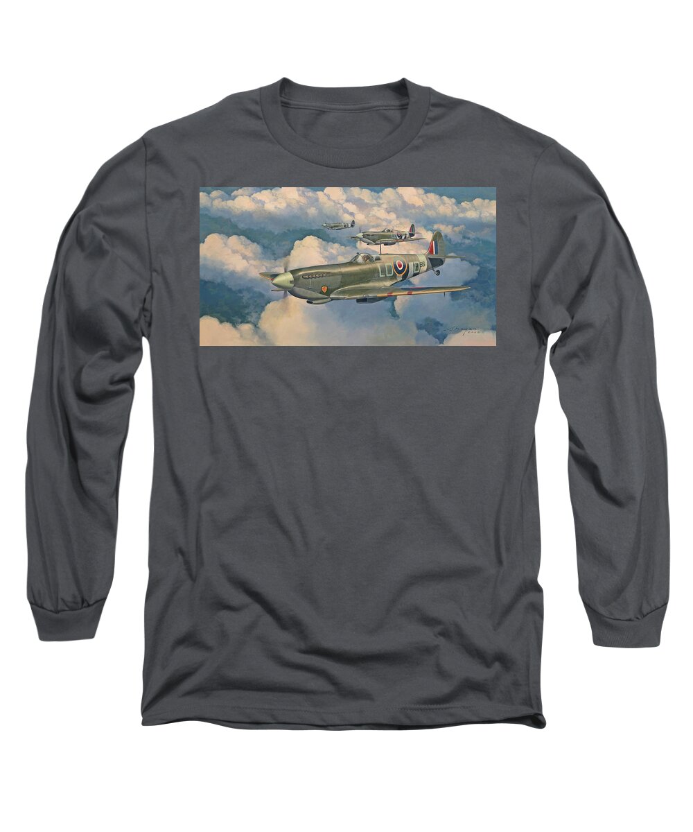 Spitfire Long Sleeve T-Shirt featuring the painting His Last Spitfire by Steven Heyen