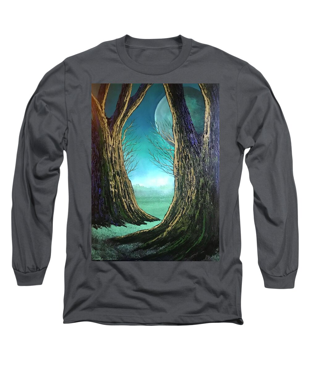 Moon Light Through The Hollow Trees Long Sleeve T-Shirt featuring the painting Hollow trail by Willy Proctor