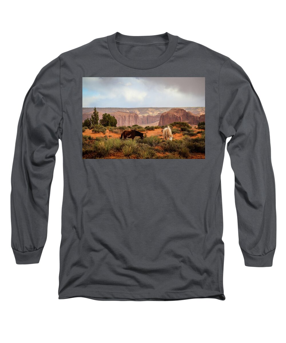 Monument Valley Long Sleeve T-Shirt featuring the photograph Horses in Monument valley by Alberto Zanoni