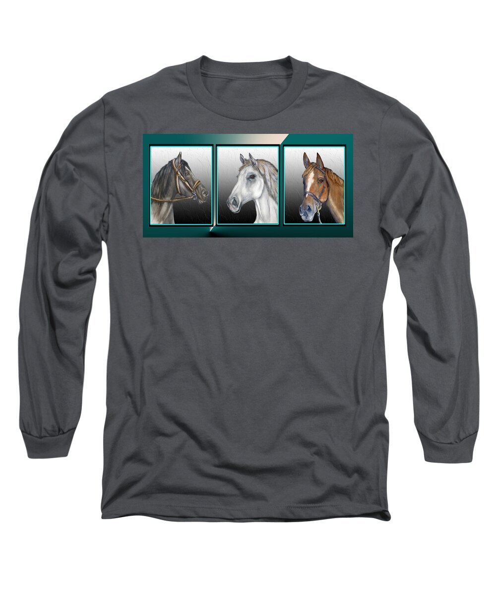 Triptych Long Sleeve T-Shirt featuring the mixed media Horses in Three by Kelly Mills