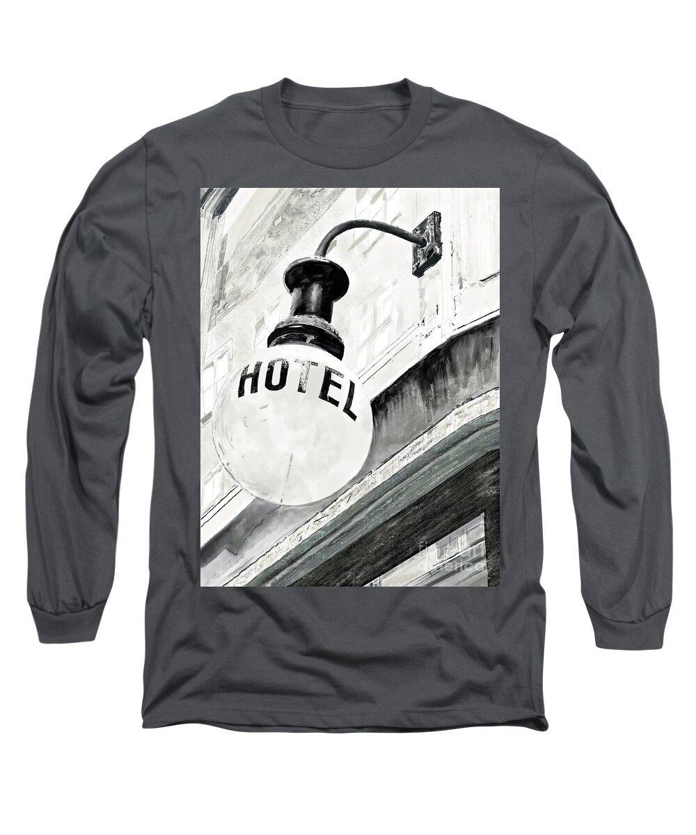 Black And White Long Sleeve T-Shirt featuring the drawing Hotel by Beth Saffer