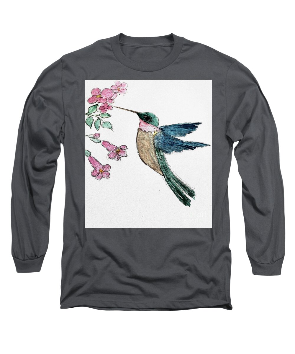 Hummingbird Joy Long Sleeve T-Shirt featuring the painting Visit from Hummingbird by Margaret Welsh Willowsilk