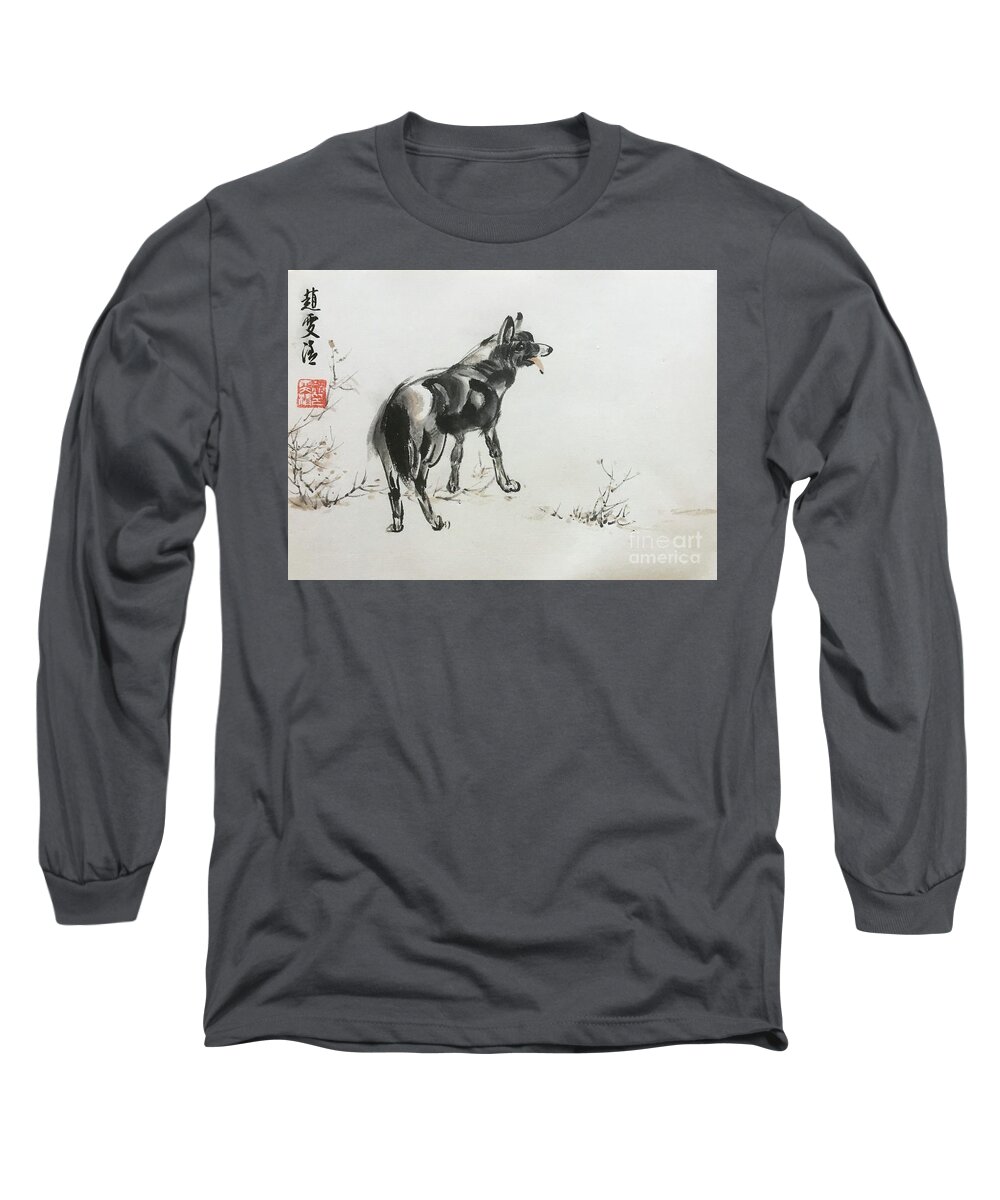 Dog Portrait Long Sleeve T-Shirt featuring the painting I Am Happy Here by Carmen Lam