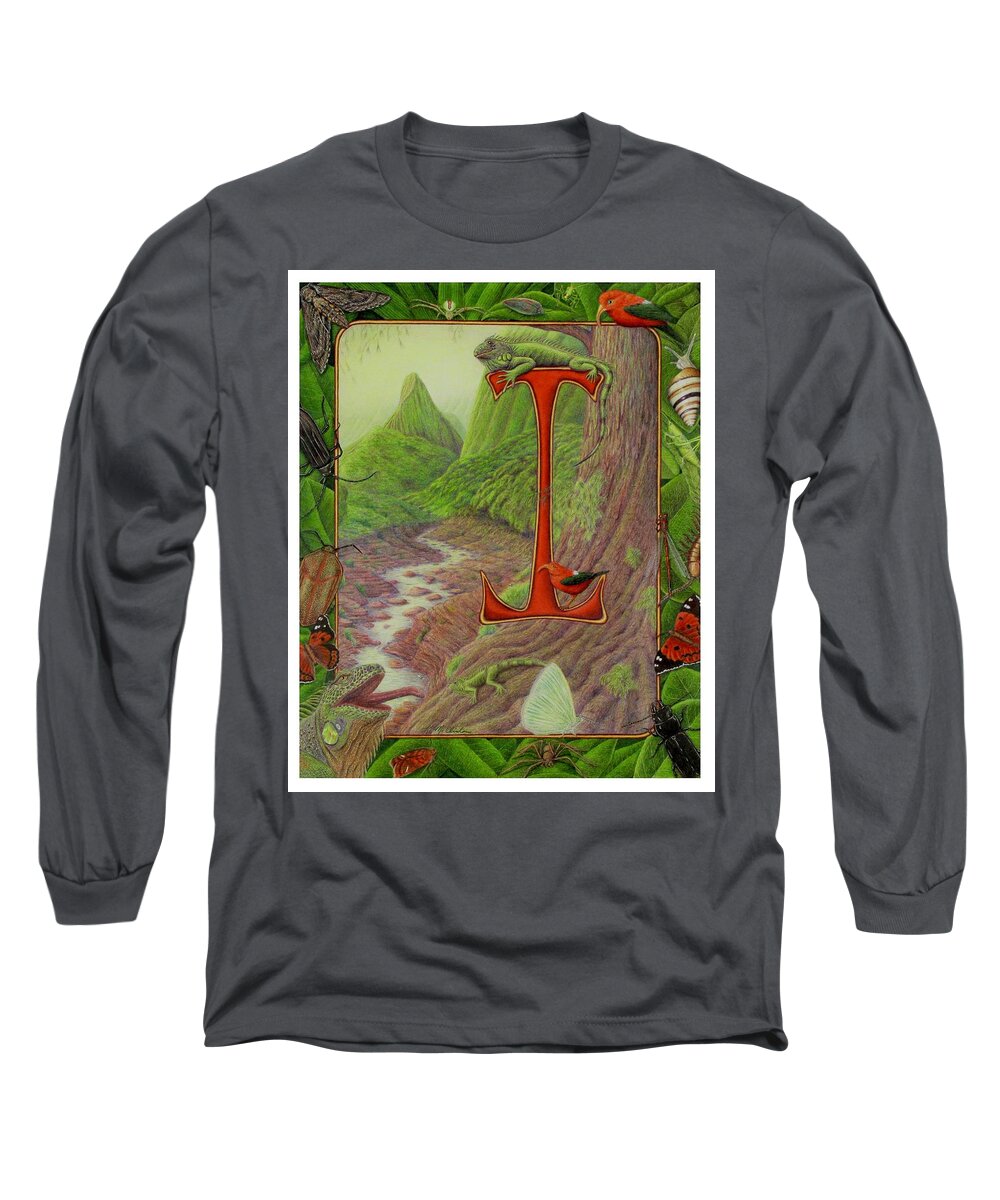 Kim Mcclinton Long Sleeve T-Shirt featuring the drawing I is for Iguana by Kim McClinton