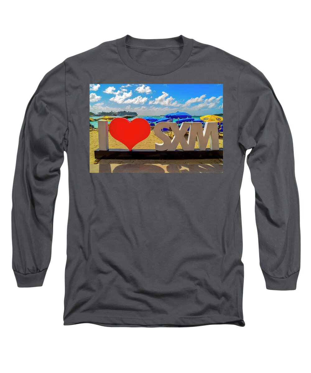 Travel; Water; Skies; Clouds; Cruise Ships Long Sleeve T-Shirt featuring the photograph I love Saint Maarten by AE Jones