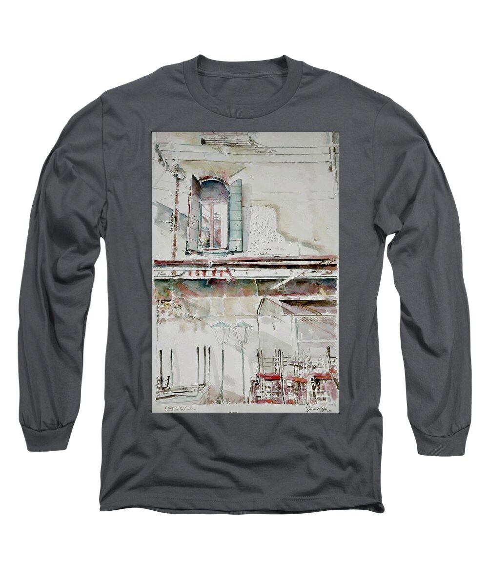 #iwasinvenicetherewasthiswindow #watercolor #watercolorpainting #venice #venicepainting #onlocationpainting #paintingofvenice #windowpainting #window #chairs #streetscene #glenneff #thesoundpoetsmusic #picturerockstudio Www.glenneff.com Long Sleeve T-Shirt featuring the painting I was in Venice-there was this window by Glen Neff