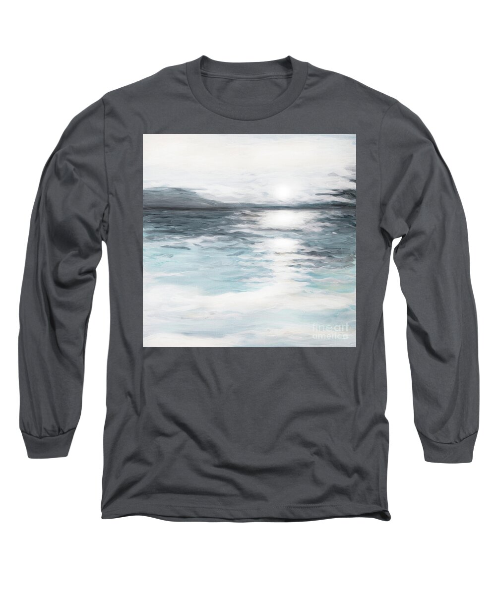 Impressionist Impressionistic Ocean Sunrise Soft Teal Indigo Blue White Reflection Long Sleeve T-Shirt featuring the painting Impression by Pamela Schwartz