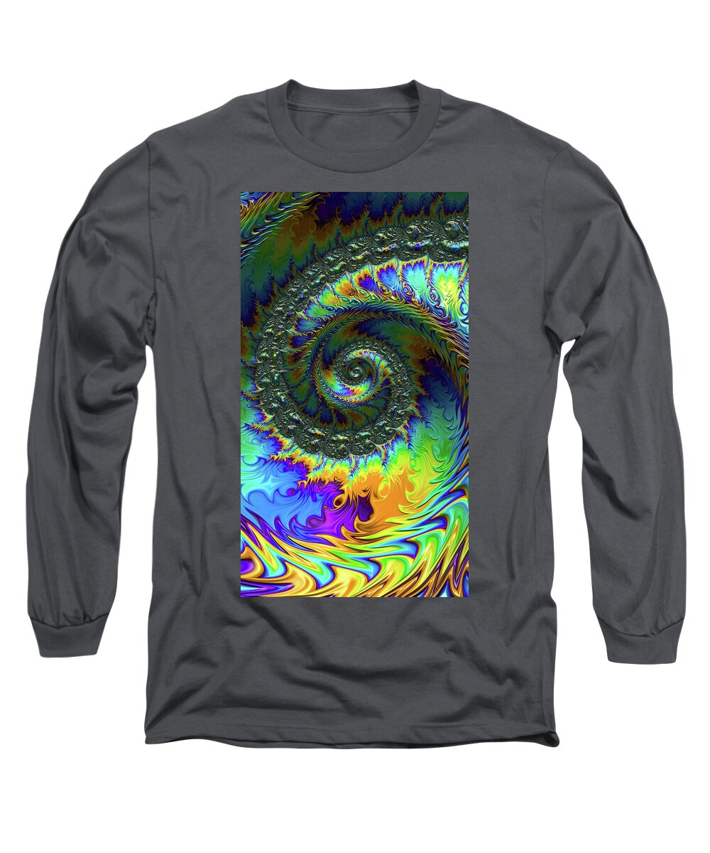 Colorful Long Sleeve T-Shirt featuring the digital art Irridescent Spiral Oil Slick Fractal Abstract by Shelli Fitzpatrick