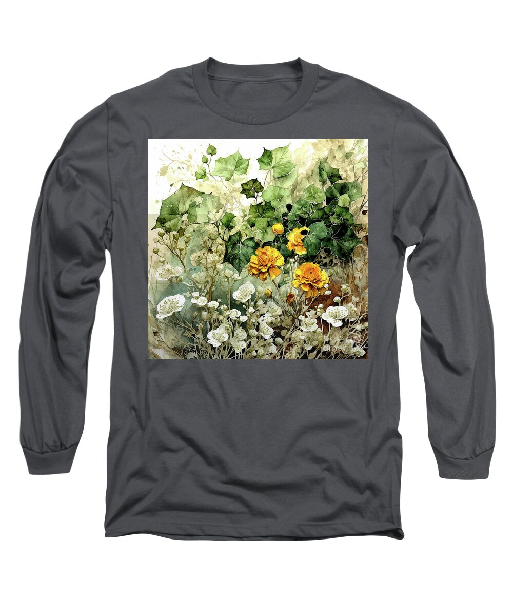 Flowers Long Sleeve T-Shirt featuring the digital art Ivy with White and Yellow by Deb Nakano
