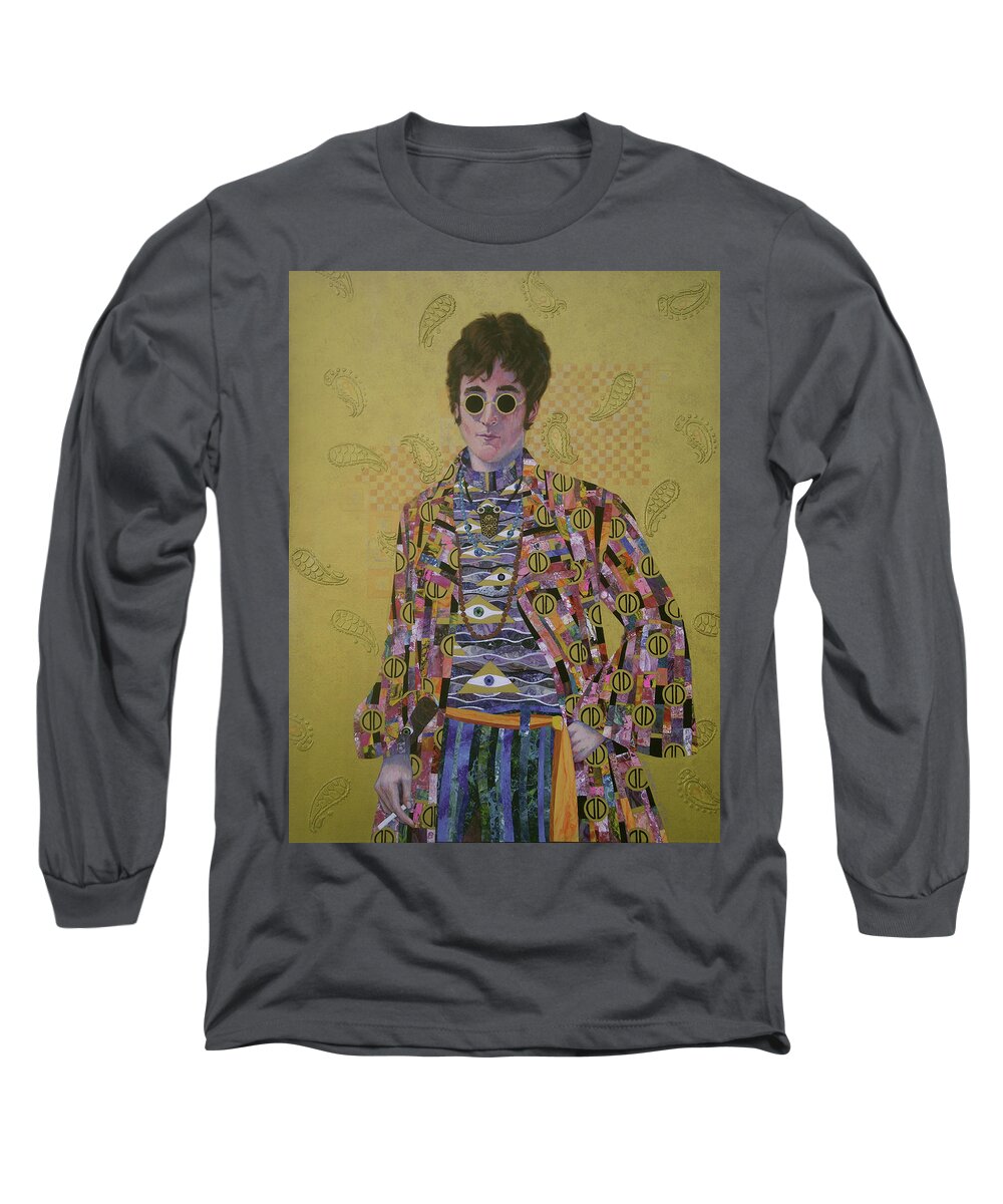 John Lennon Long Sleeve T-Shirt featuring the painting John Lennon and the Amazing Psychedelic Klimt Coat by Marguerite Chadwick-Juner