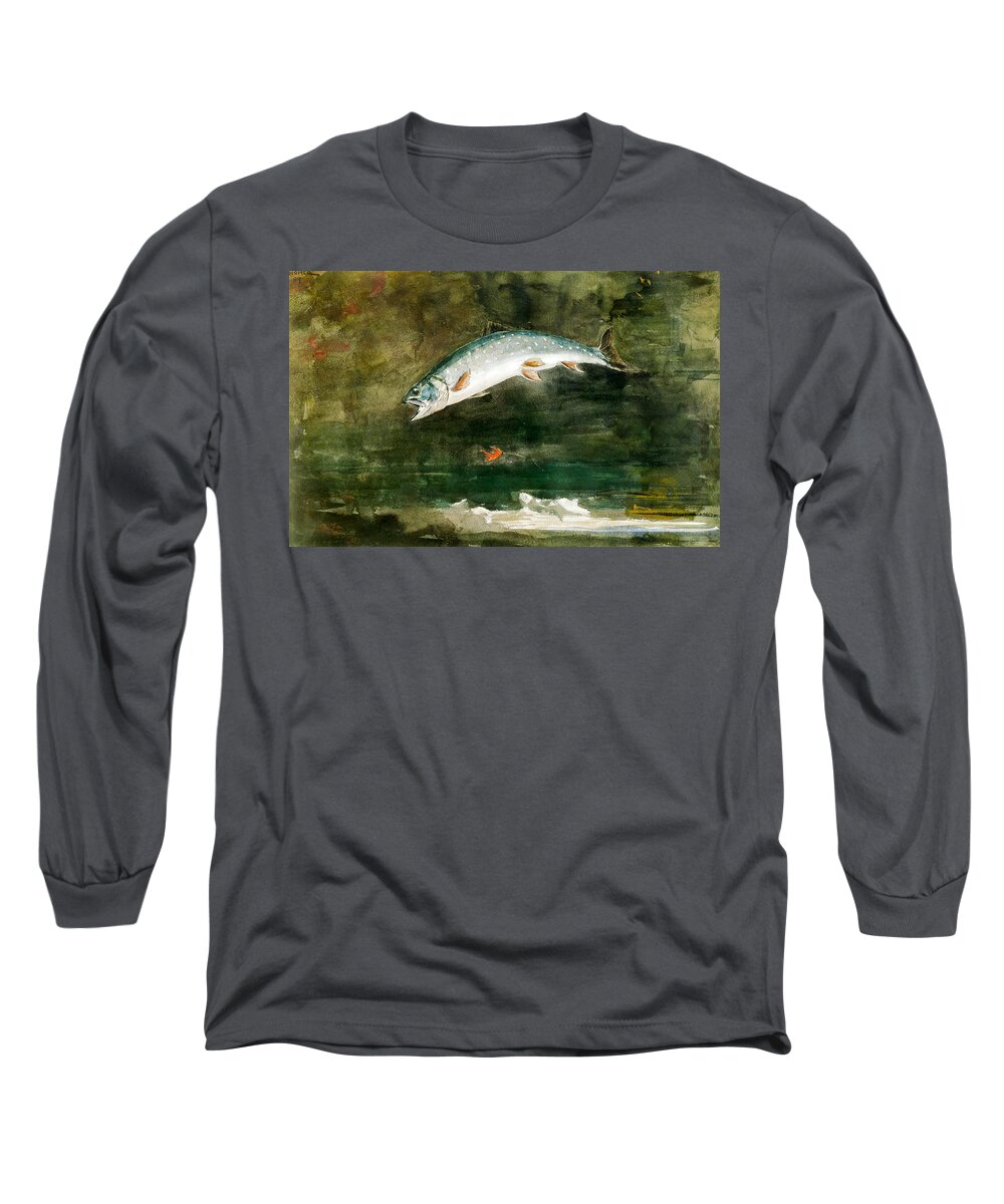 Winslow Homer Long Sleeve T-Shirt featuring the digital art Jumping Trout by Winslow Homer