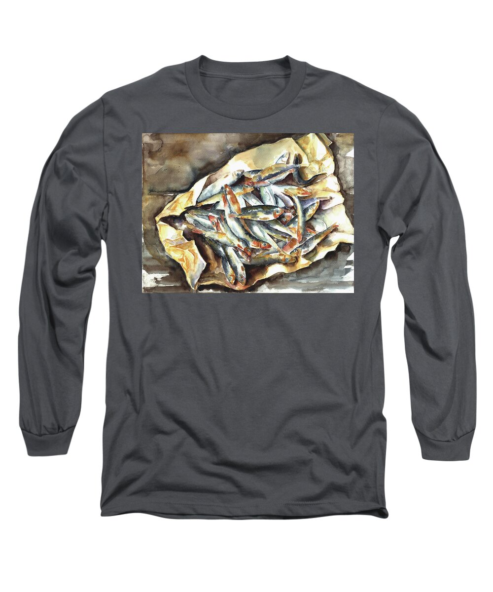 Fischen Long Sleeve T-Shirt featuring the painting Kiel Sprats To Go by Barbara Pommerenke