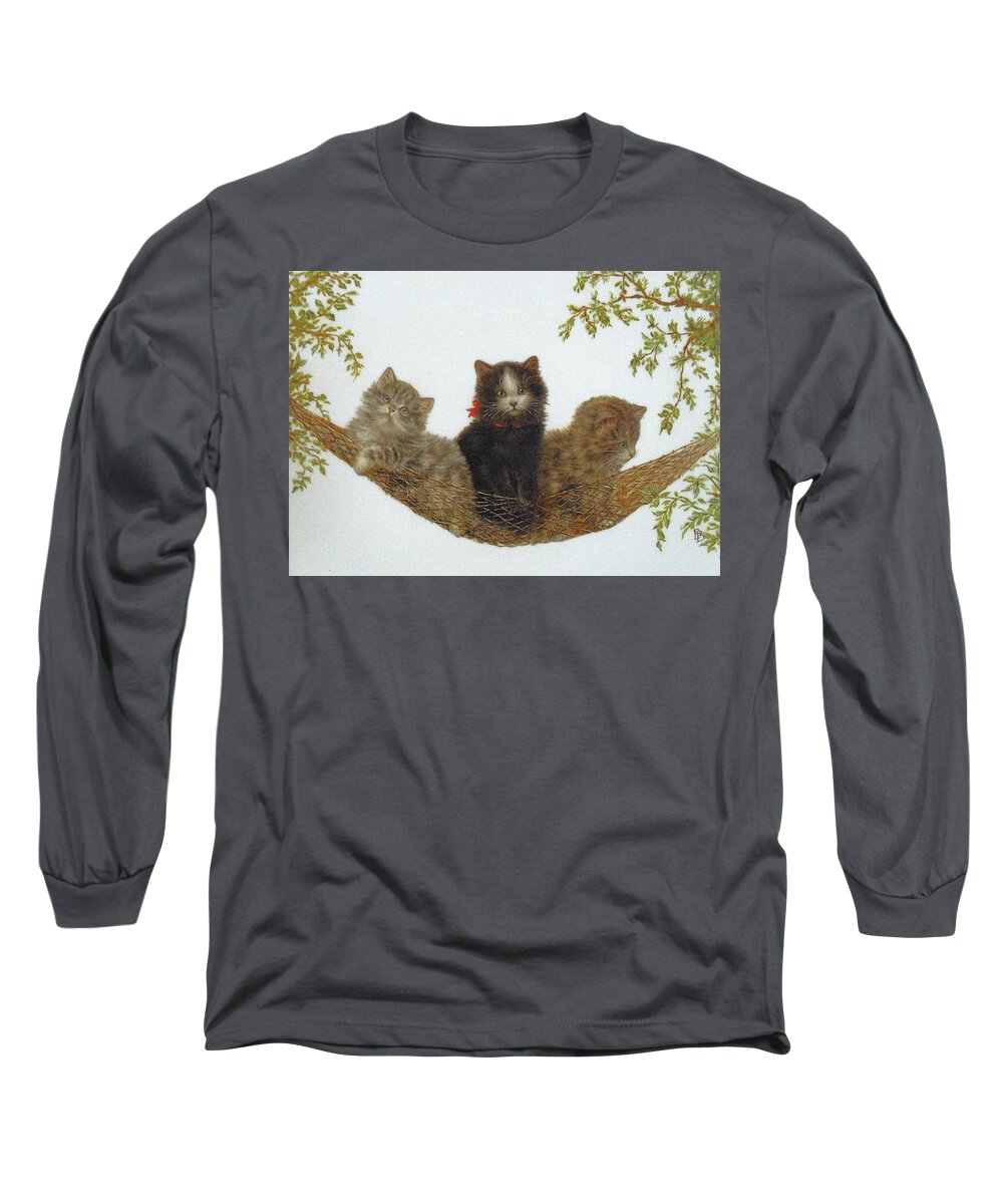 Kittens Long Sleeve T-Shirt featuring the mixed media Kittens in a Hammock by Bessie Bamber
