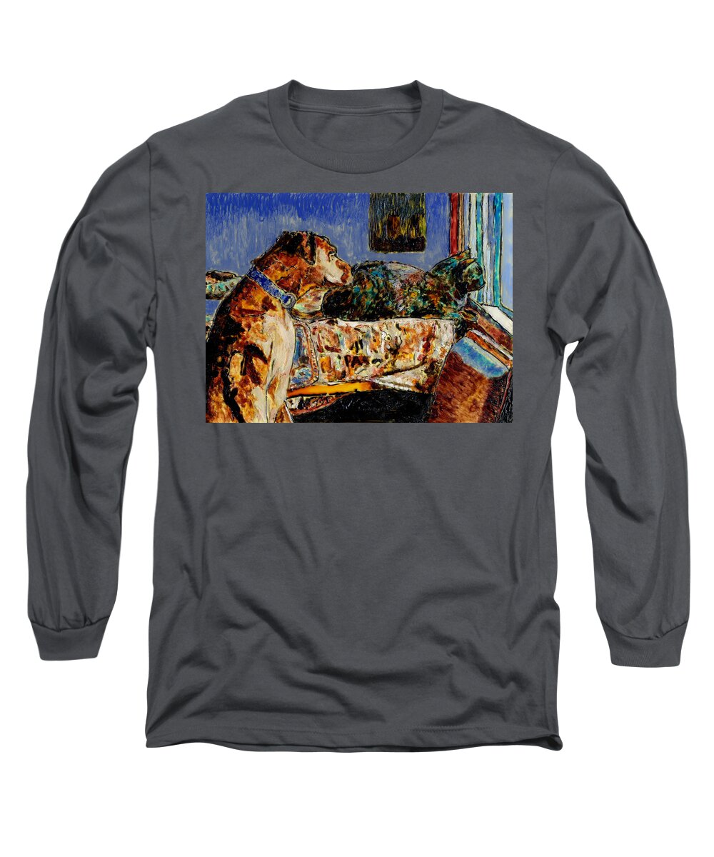 Dog Long Sleeve T-Shirt featuring the painting Kitty the dog and Tempest the cat by Phil Strang