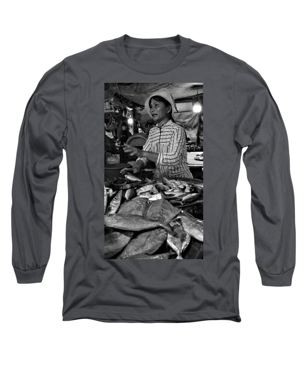 Portrait Long Sleeve T-Shirt featuring the photograph Lady at Fish Market by Robert Bociaga