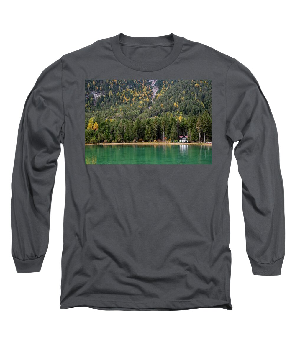 Italy Long Sleeve T-Shirt featuring the photograph House in the lake and forest. Lago di dobbiaco lake. Italian aps by Michalakis Ppalis