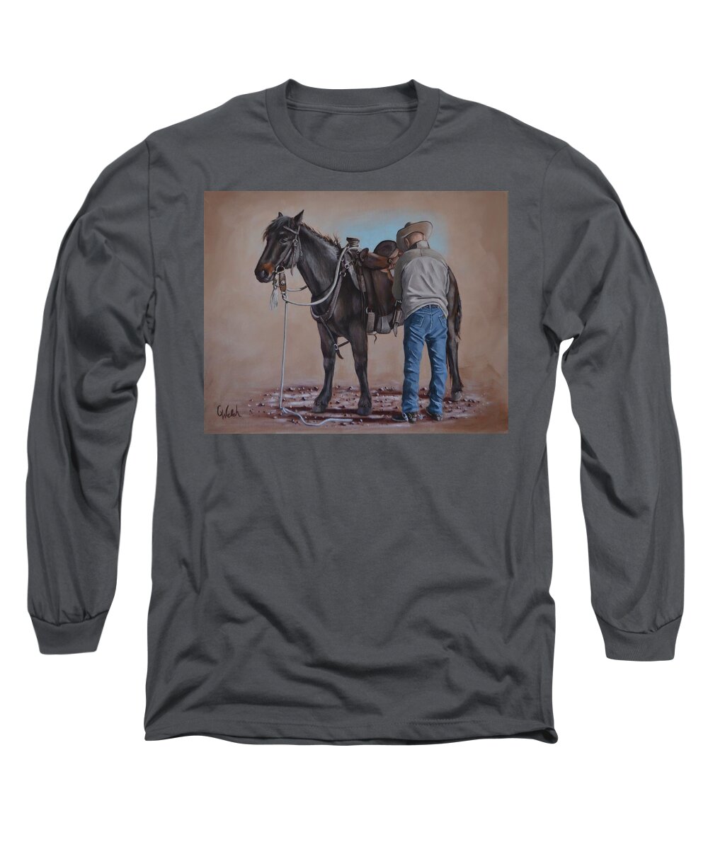 Horses Long Sleeve T-Shirt featuring the painting Last Minute Check by Cindy Welsh