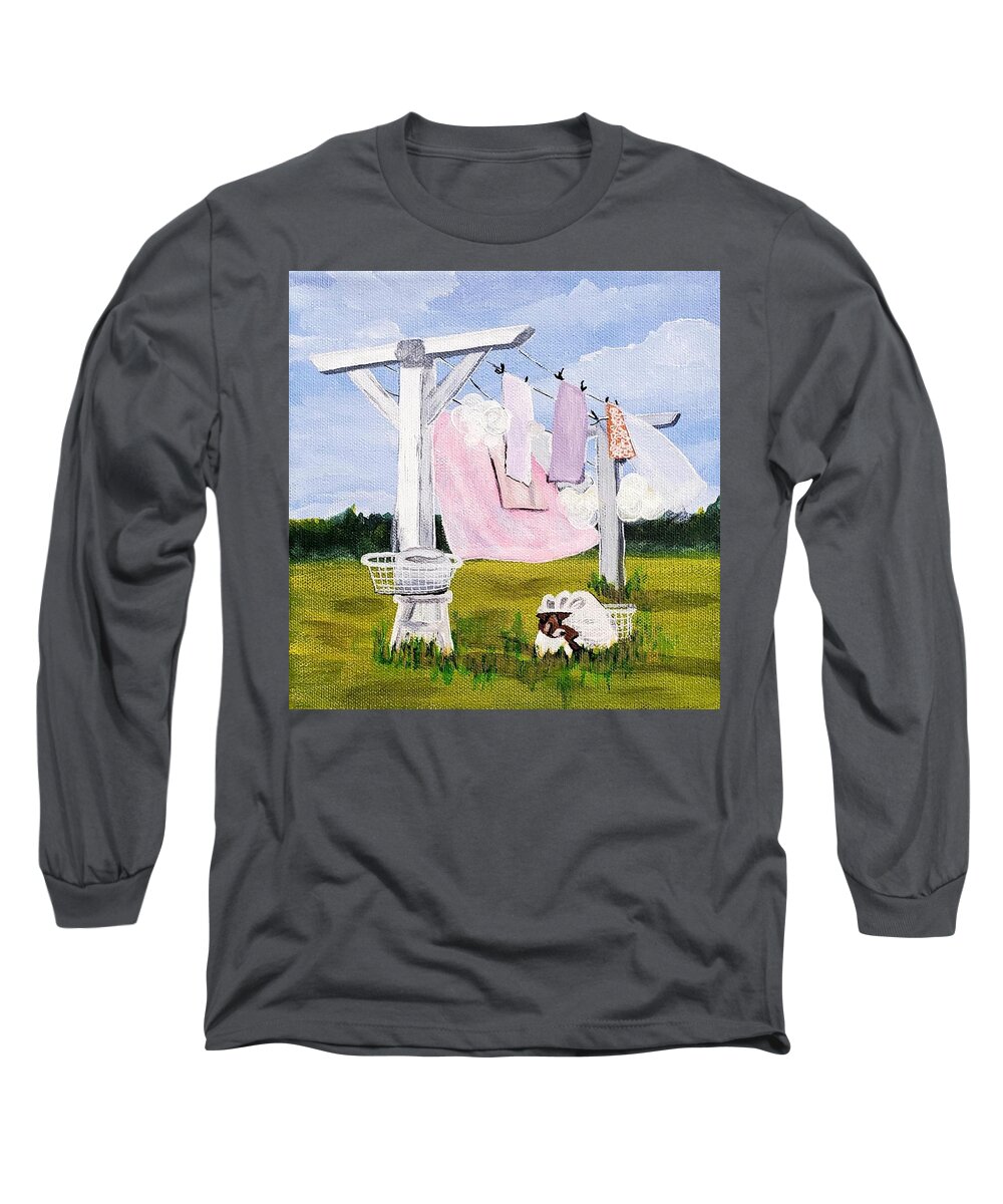 Laundry Long Sleeve T-Shirt featuring the painting Laundry Day by Amy Kuenzie