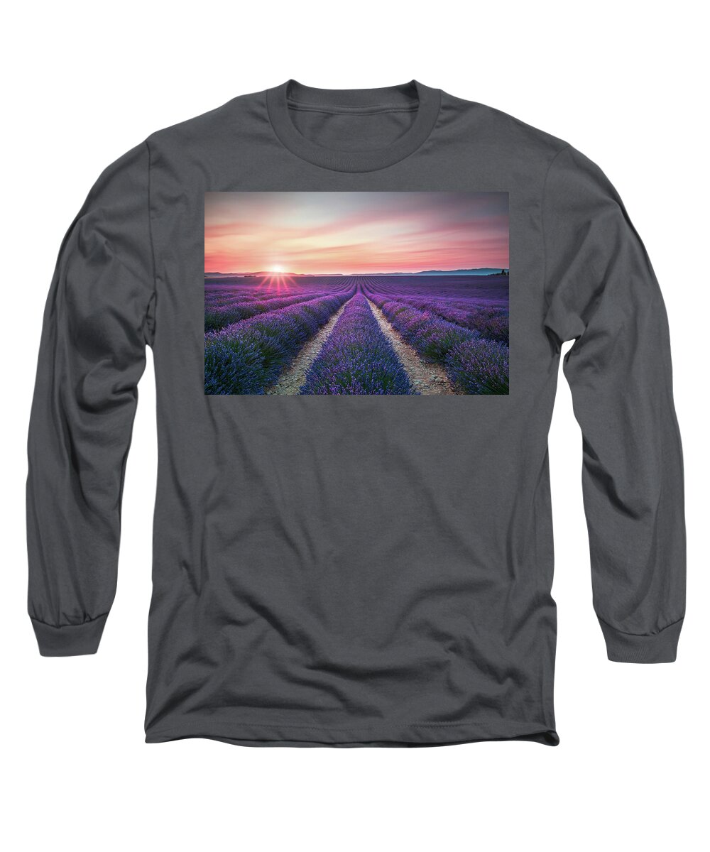 Lavender Long Sleeve T-Shirt featuring the photograph Lavender flower blooming fields endless rows on sunset. Valensol by Stefano Orazzini