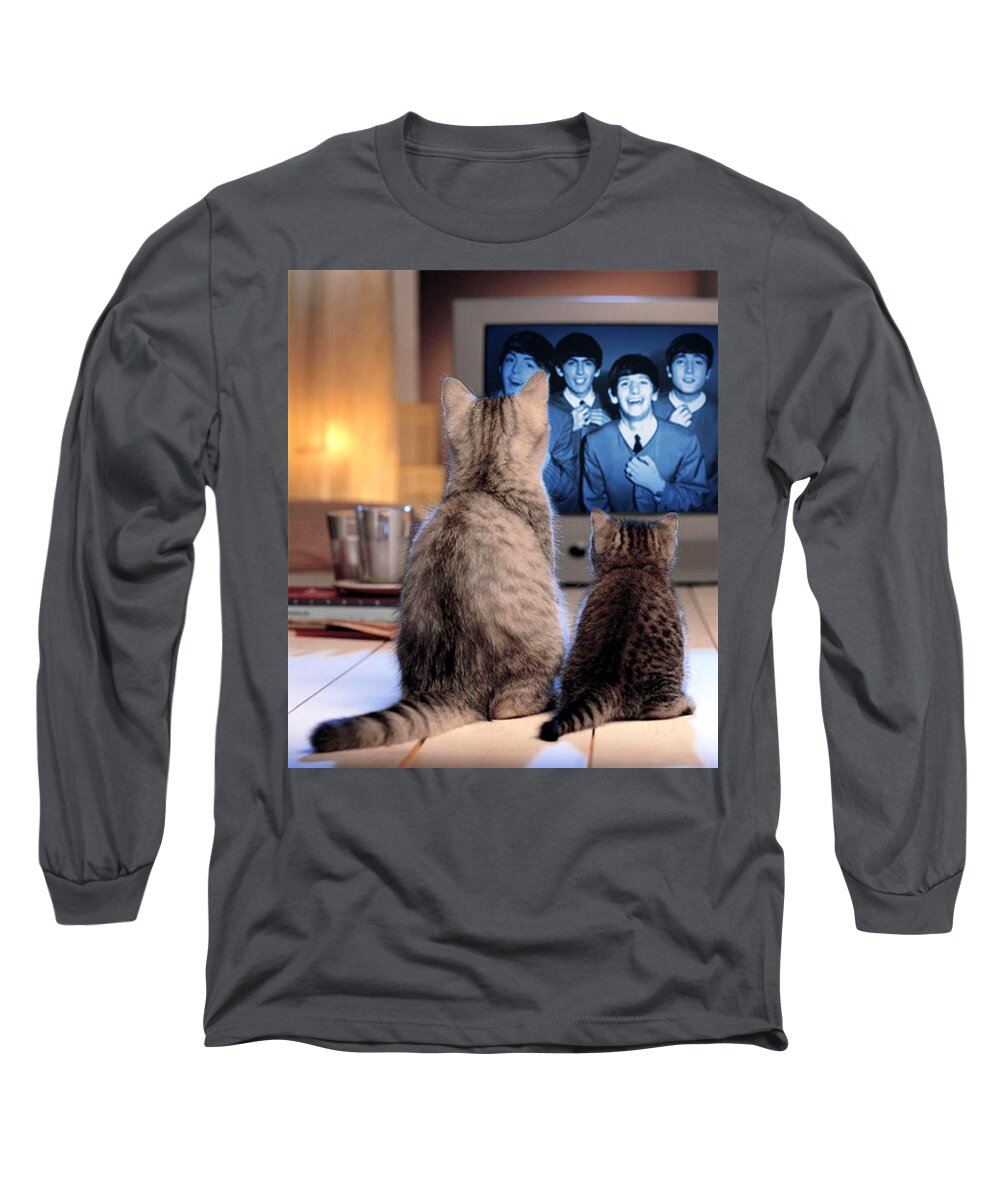 Cats Long Sleeve T-Shirt featuring the mixed media Lazy Cat Afternoon With The Beatles by Teresa Trotter