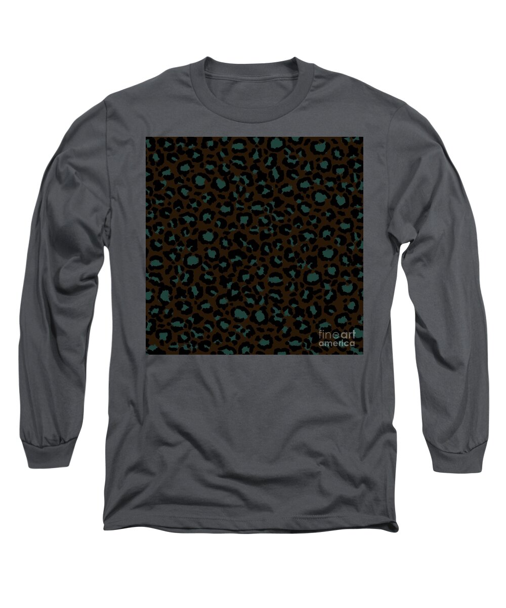 Leopard Pattern Long Sleeve T-Shirt featuring the digital art Leopard Pattern in Dusky Blue on Dark Coffee by Colleen Cornelius