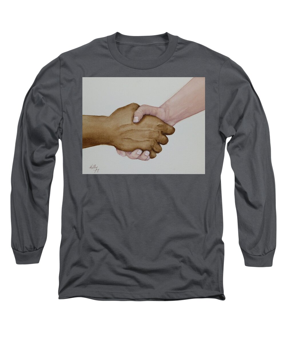Hands Long Sleeve T-Shirt featuring the painting Let's Shake Hands On it by Kelly Mills