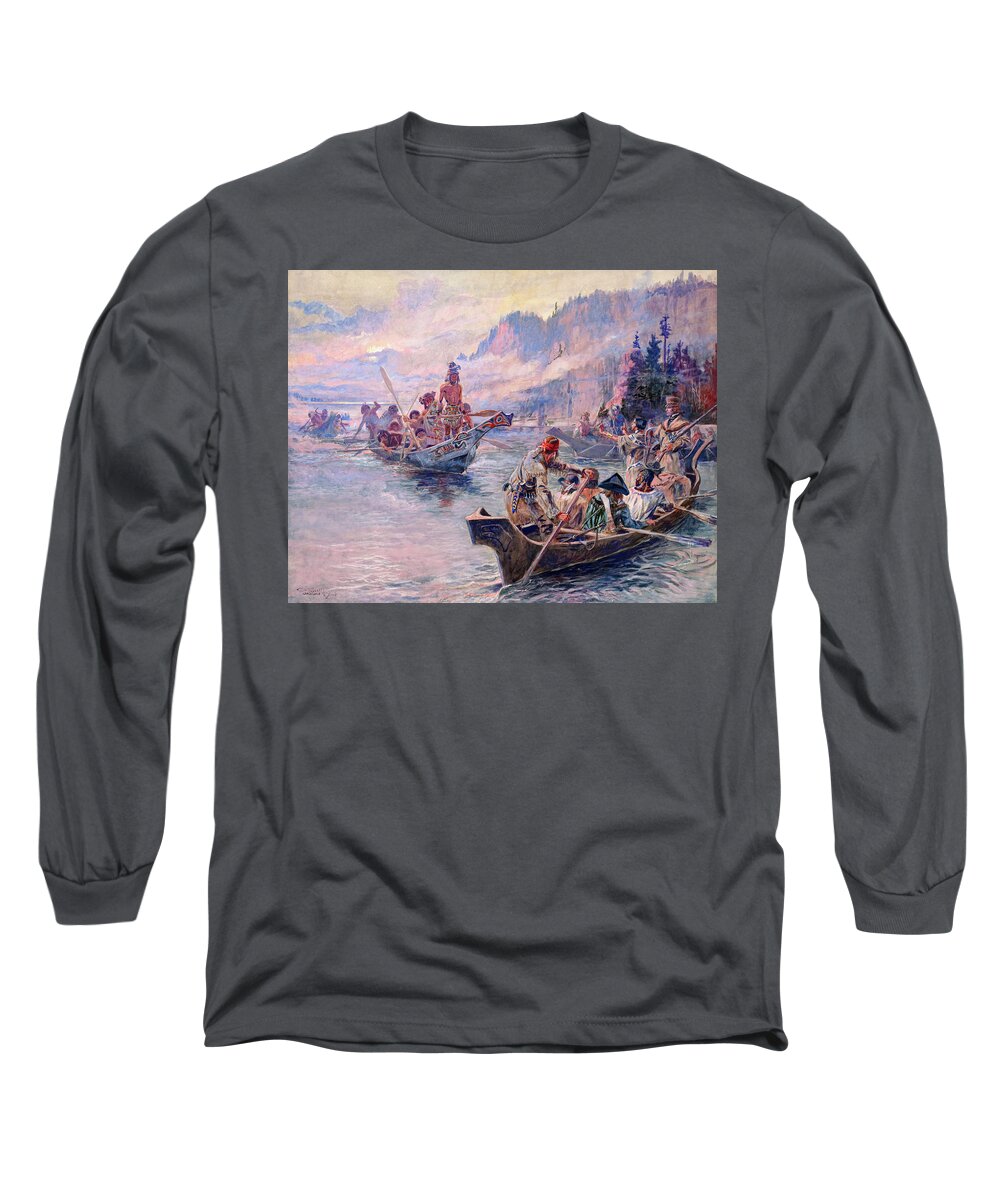 Charles M. Russell Long Sleeve T-Shirt featuring the painting Lewis and Clark on the Lower Columbia, 1905 by Charles Marion Russell