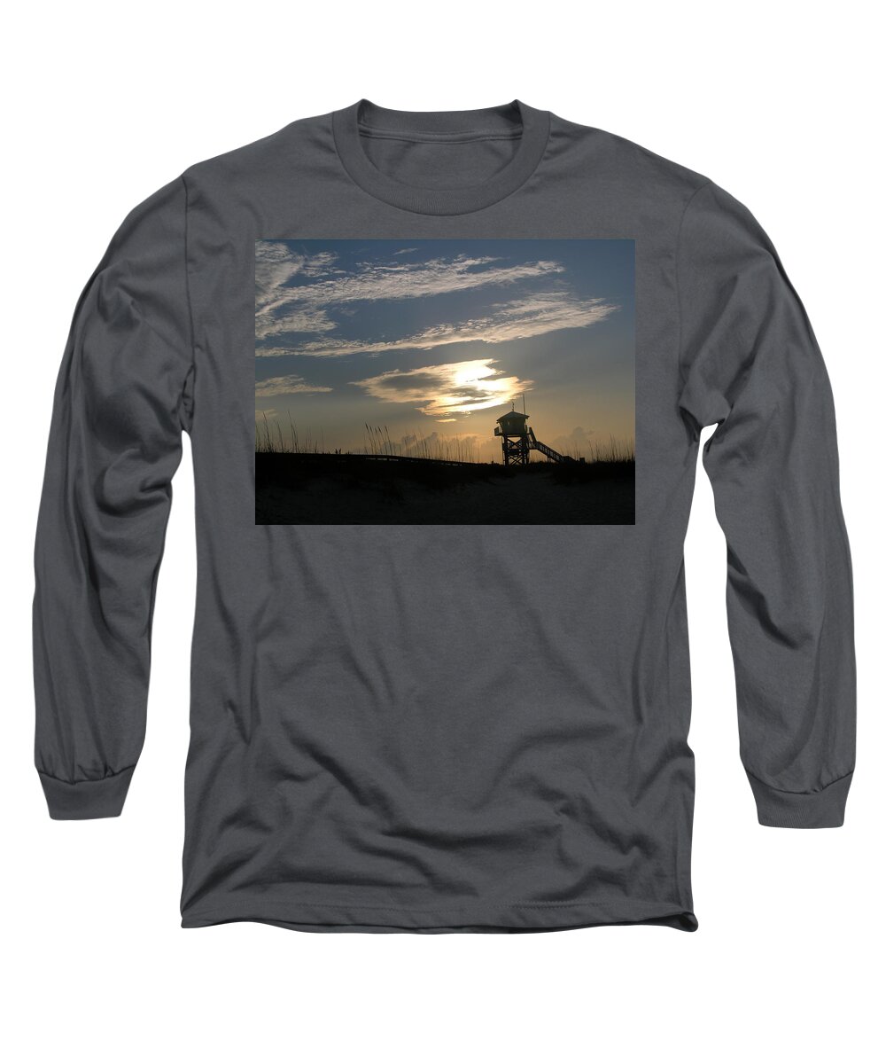 Photography Of The Beach Long Sleeve T-Shirt featuring the photograph Lifeguard tower at dawn by Julianne Felton