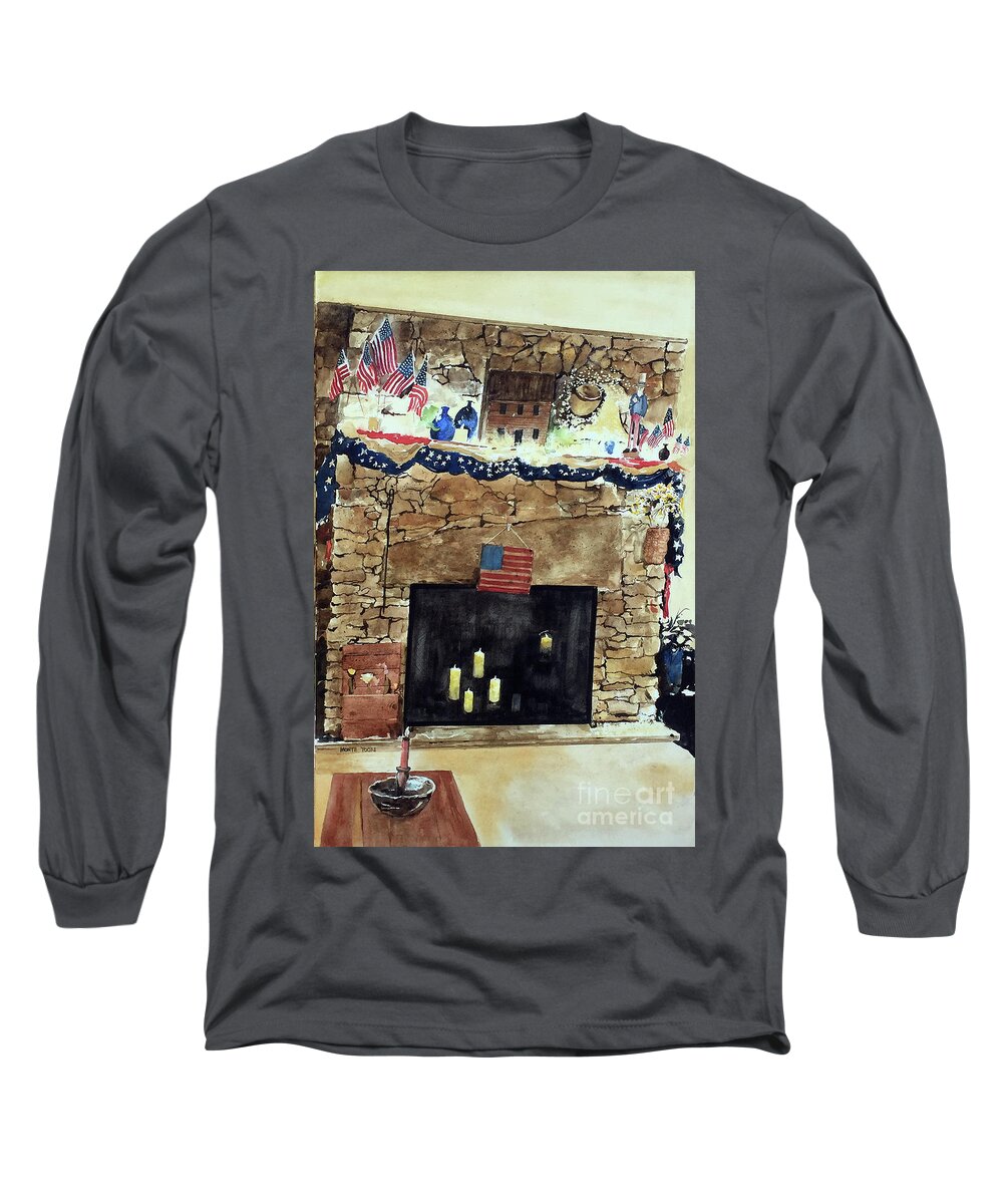 A Natural Stone Fireplace Is Decorated For The 4th Of July. Long Sleeve T-Shirt featuring the painting Light Up The 4th by Monte Toon