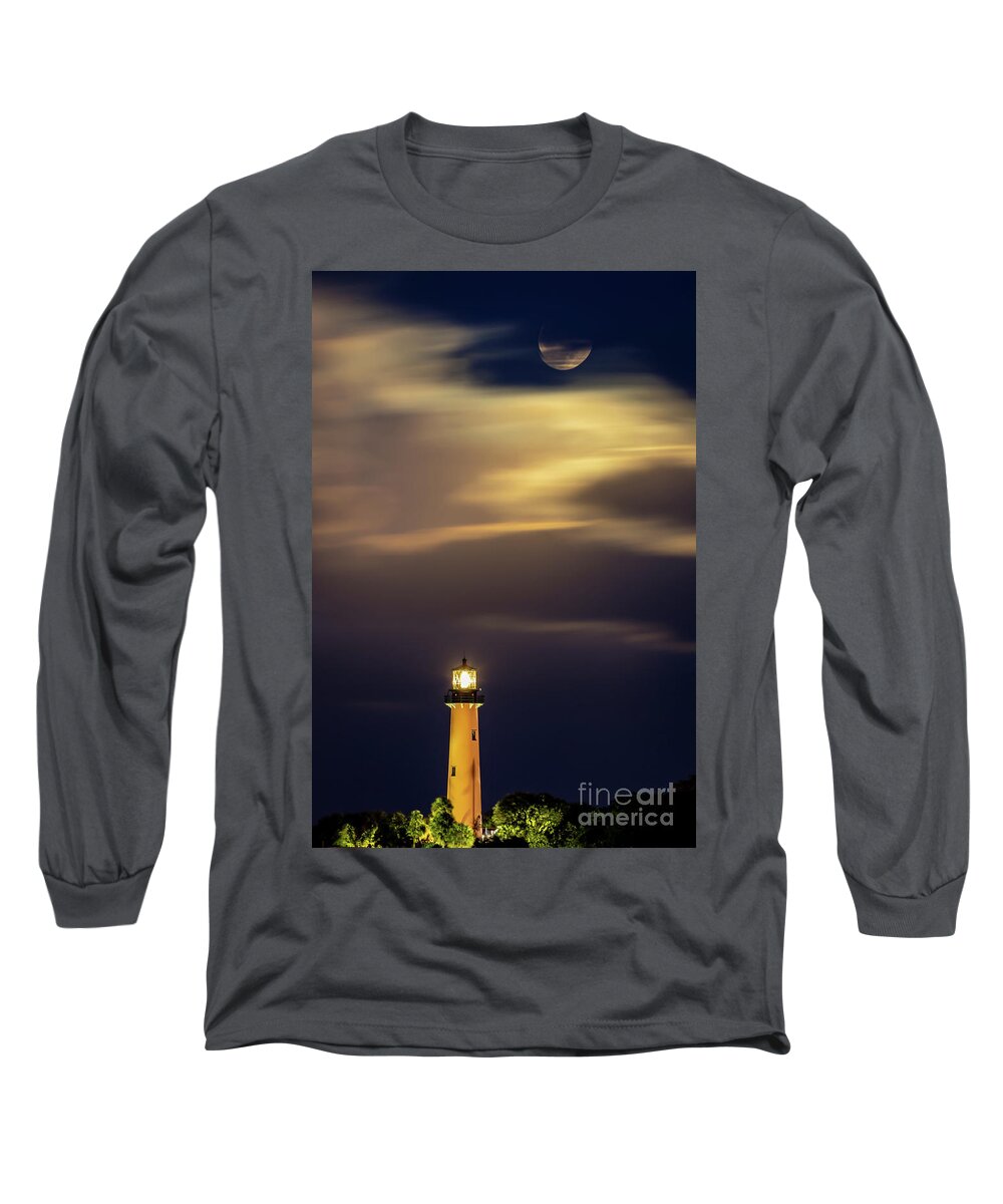 Lighthouse Long Sleeve T-Shirt featuring the photograph Lighthouse and Wolf Moon by Tom Claud