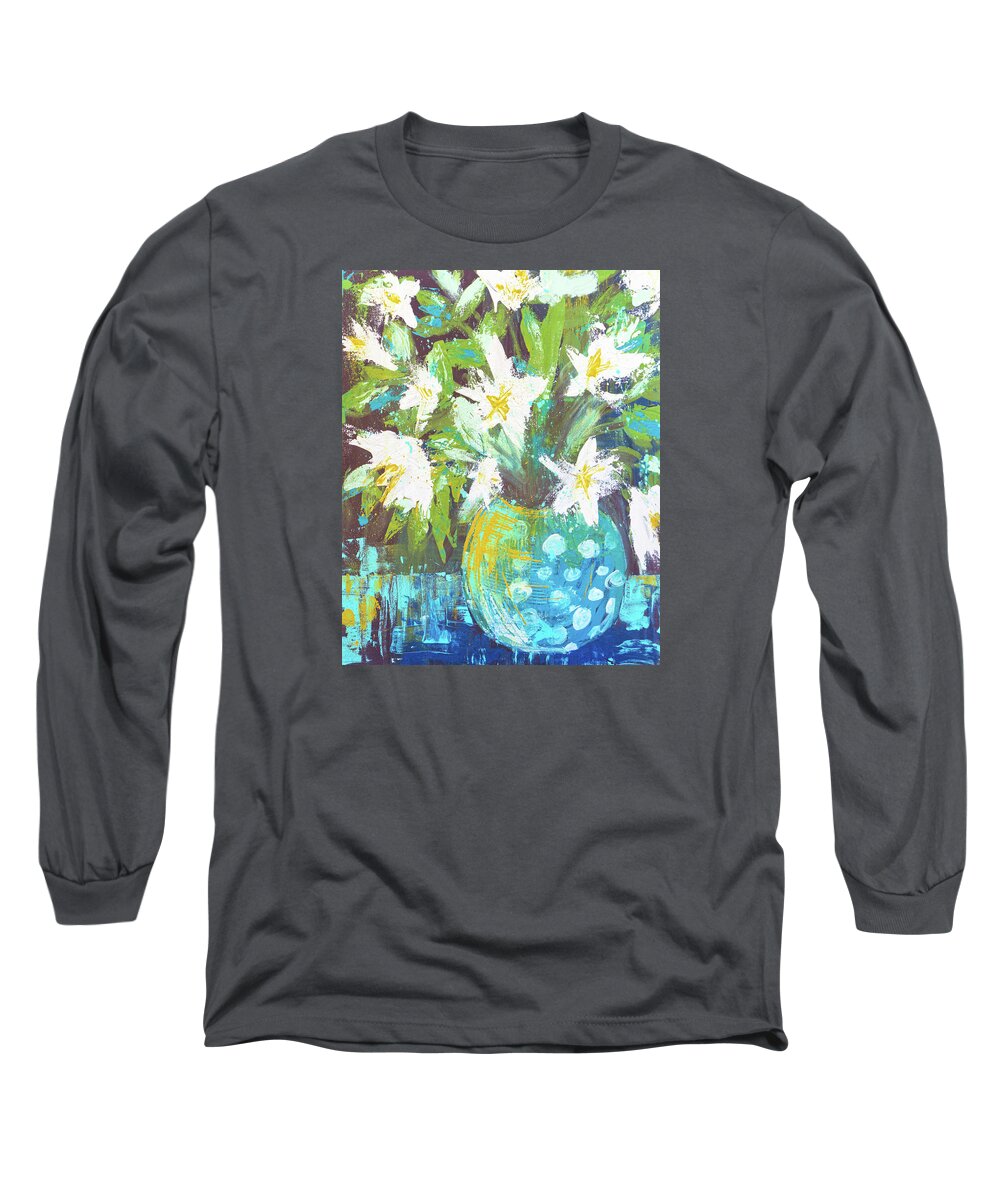 Lilies Long Sleeve T-Shirt featuring the painting Lilies in Teal Polka Dots by Joanne Herrmann