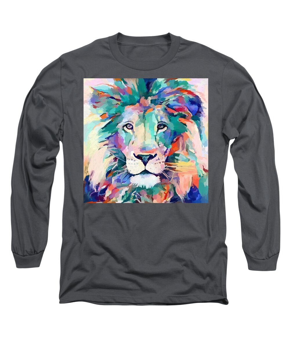 Lion Long Sleeve T-Shirt featuring the mixed media Lion Lion by Ann Leech