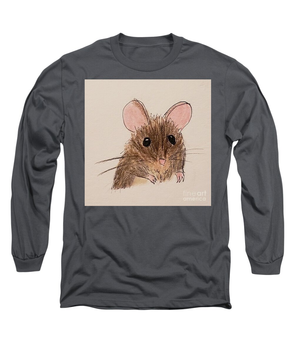 Mouse Long Sleeve T-Shirt featuring the painting Little Brown Mouse by C E Dill