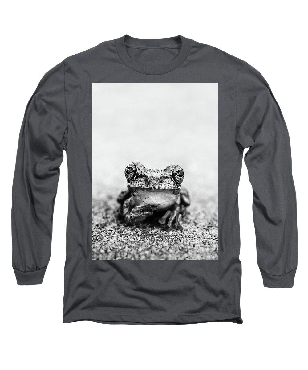 Frog Long Sleeve T-Shirt featuring the photograph Pondering Frog Too BW by Laura Fasulo