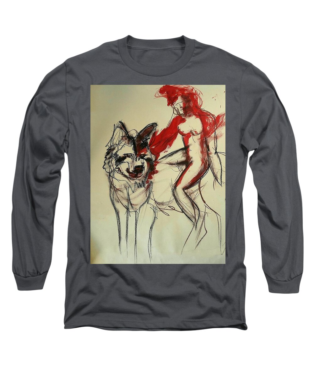 Little Red Riding Hood Long Sleeve T-Shirt featuring the drawing Little Red Riding Hood with the Wolf 2 by Lala Randela