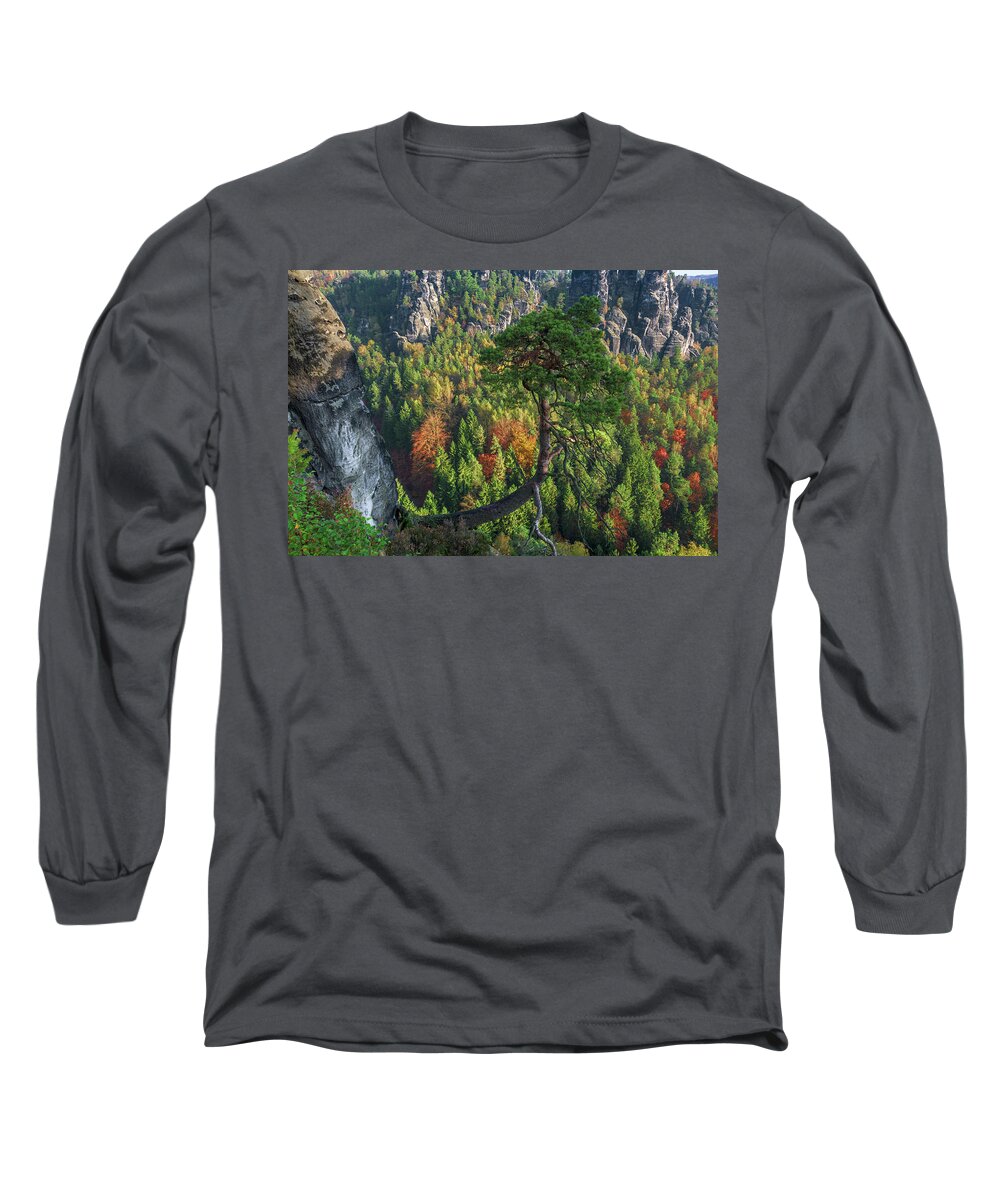 Saxon Switzerland Long Sleeve T-Shirt featuring the photograph Lonely tree in the Elbe Sandstone Mountains by Sun Travels