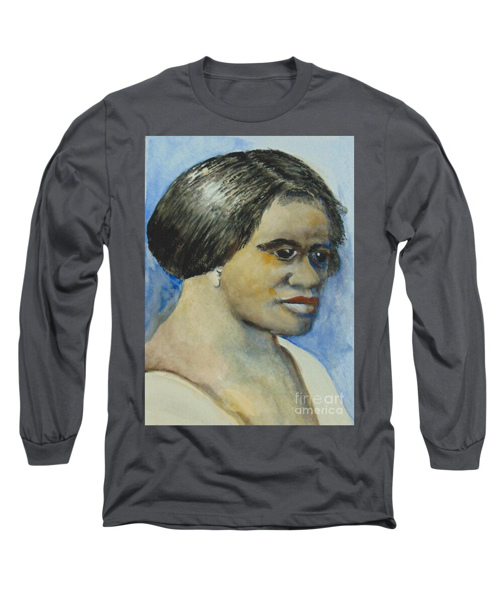 Beauty Products Long Sleeve T-Shirt featuring the painting Madam CJ Walker by Saundra Johnson