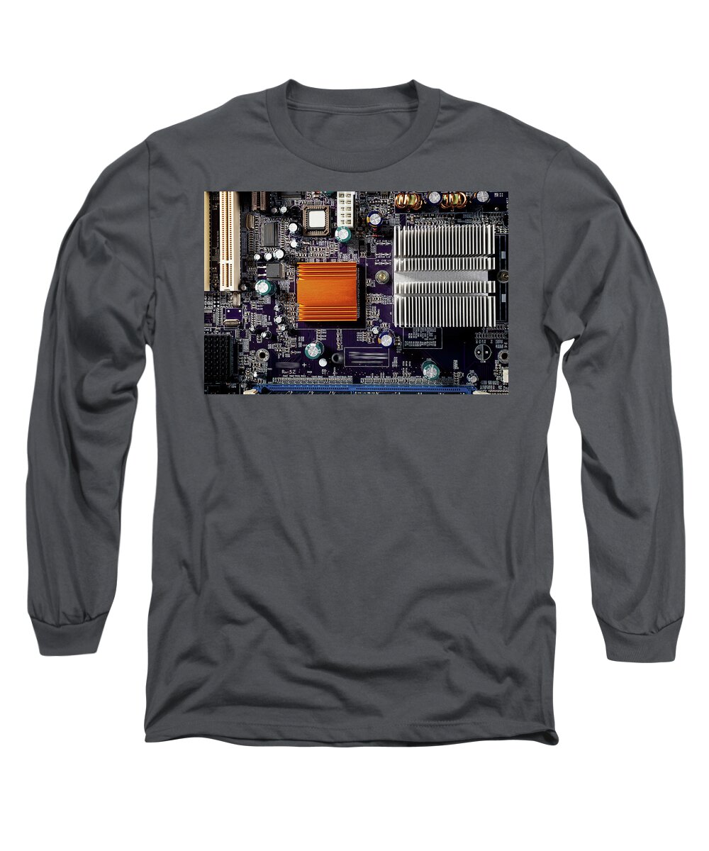 Computer Long Sleeve T-Shirt featuring the photograph Mainboard of a pc with electronic components. by Bernhard Schaffer