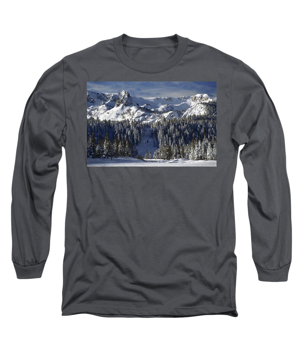 Crystal Crag Long Sleeve T-Shirt featuring the photograph Crystal Crag -Tamarack Bridge - Winter Mammoth Lakes by Bonnie Colgan