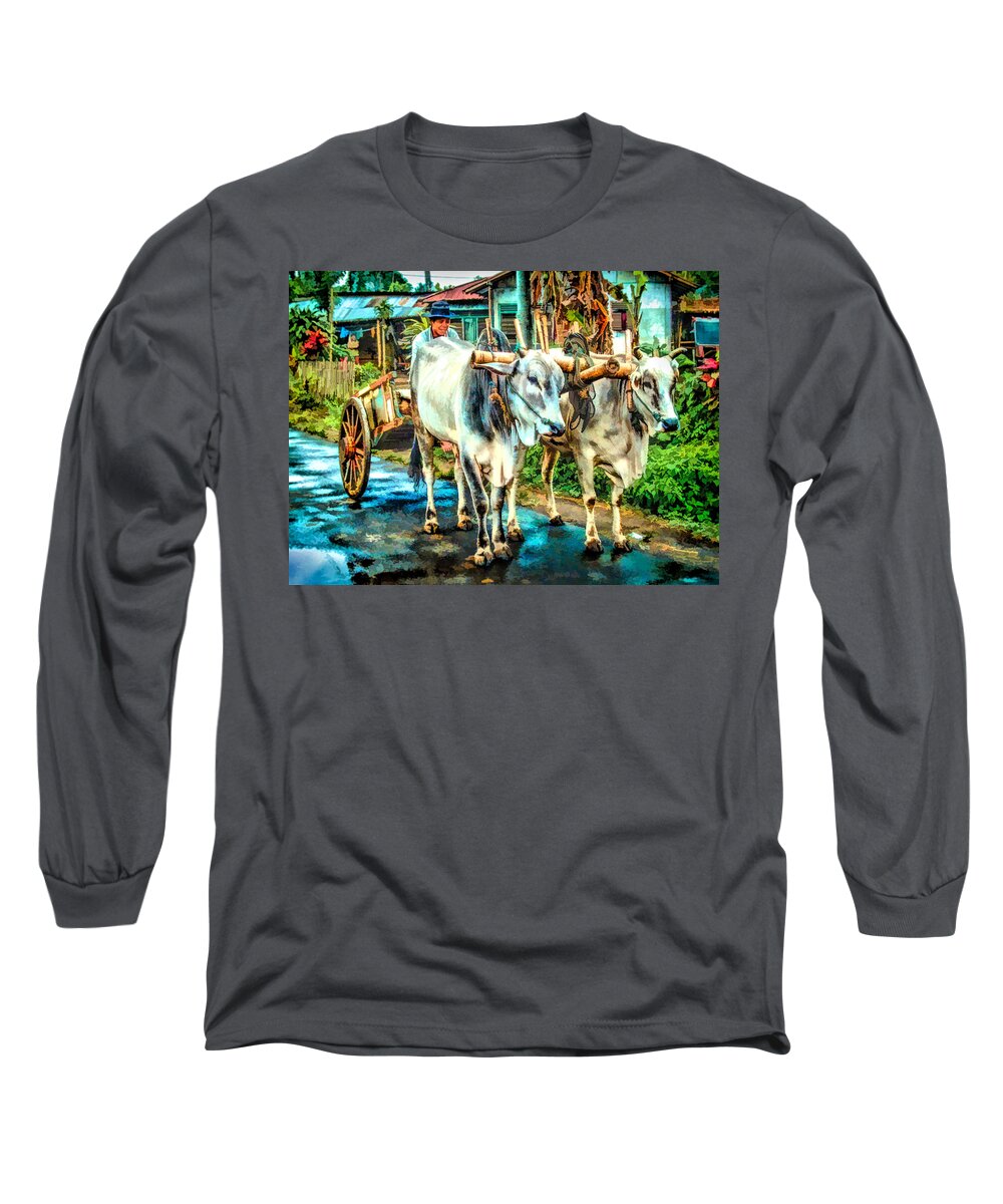 Painting Long Sleeve T-Shirt featuring the digital art Man driving a bullock cart, Manado, North Sulawesi by Frank Lee