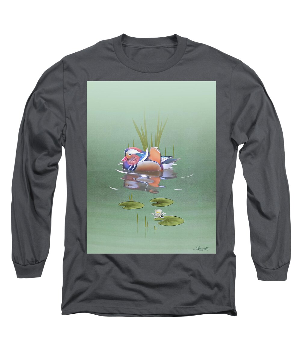 Bird Long Sleeve T-Shirt featuring the digital art Mandarin Duck and Lotus Flower by M Spadecaller