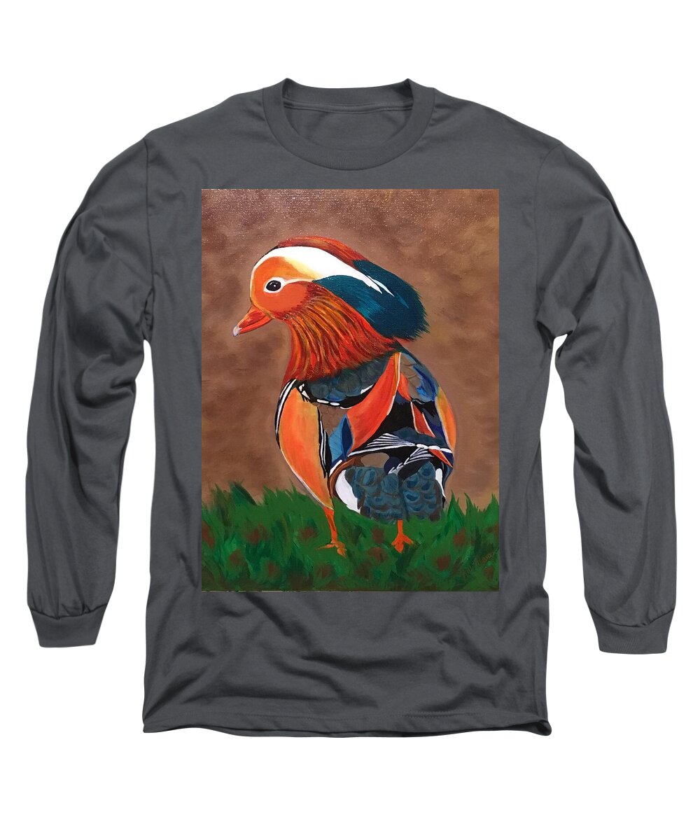  Long Sleeve T-Shirt featuring the painting Mandarin Duck-Fowl Play by Bill Manson