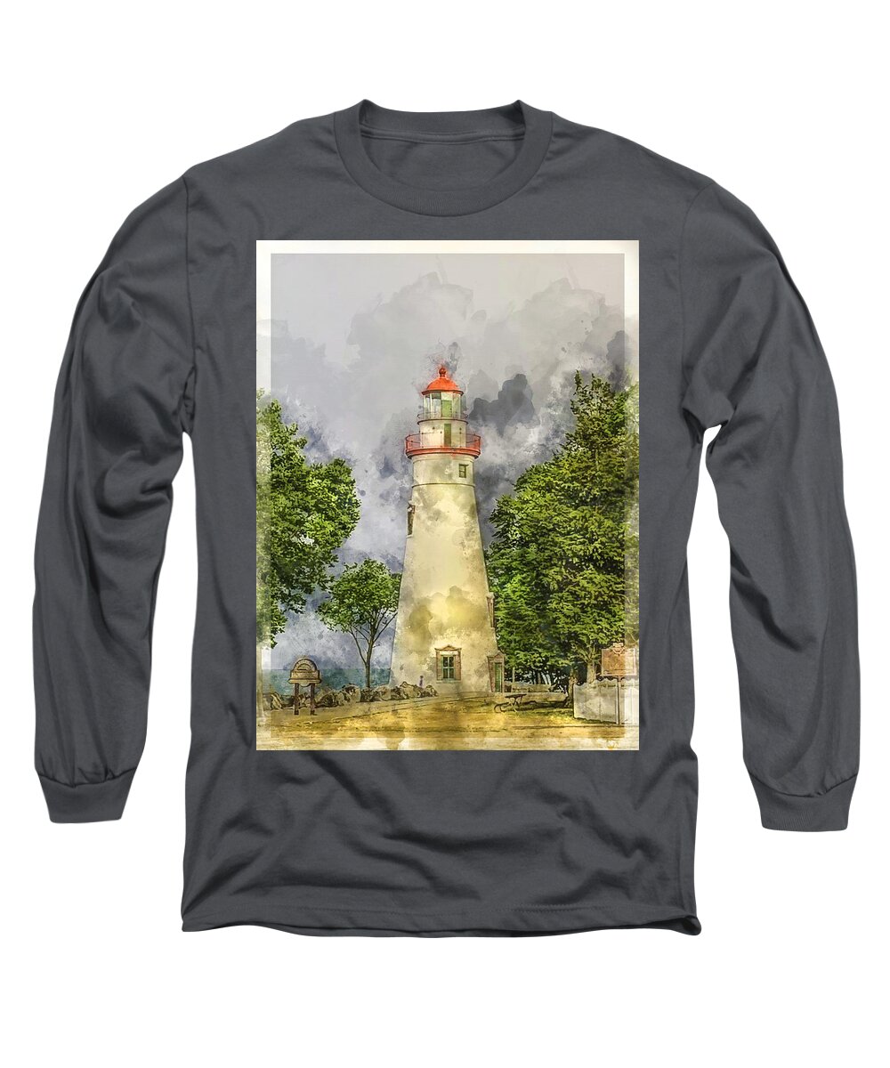 Marblehead Lighthouse Long Sleeve T-Shirt featuring the mixed media Marblehead Ohio Lighthouse by Pheasant Run Gallery