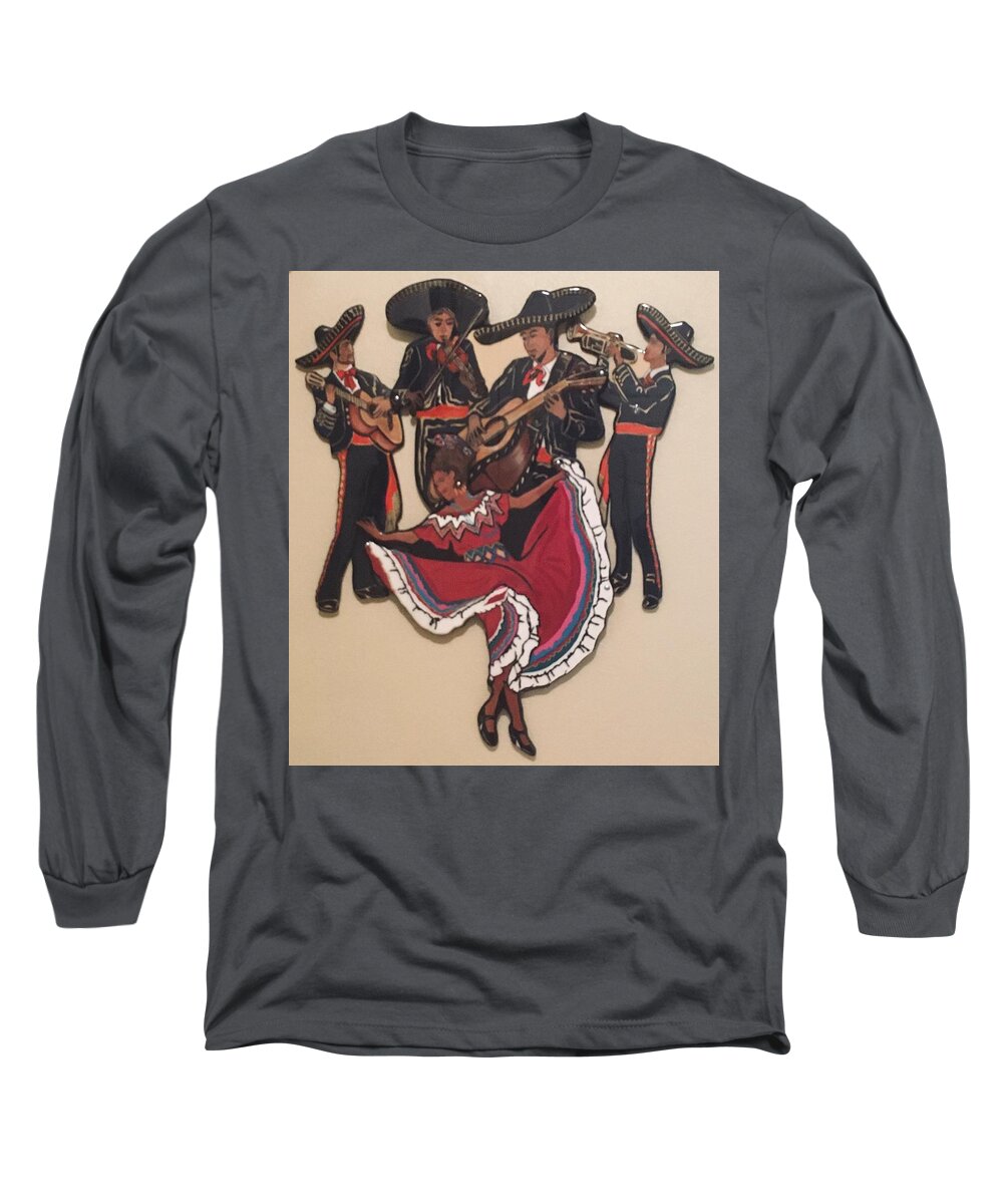 Mariachi Musicians Long Sleeve T-Shirt featuring the mixed media Mariachis and Folklorico Dancer by Bill Manson