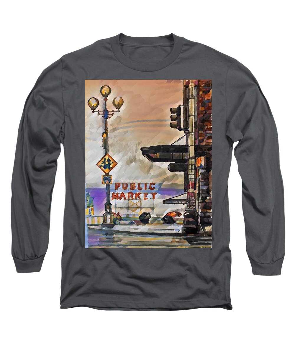 Public Long Sleeve T-Shirt featuring the painting Market by Try Cheatham