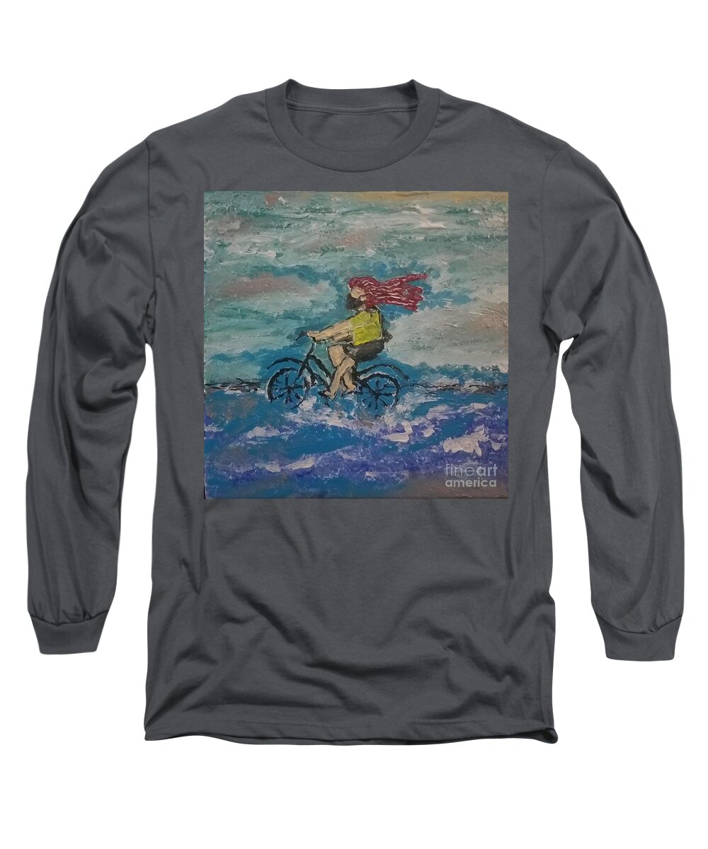  Long Sleeve T-Shirt featuring the painting The Masked Woman on Bike in Ocean by Mark SanSouci